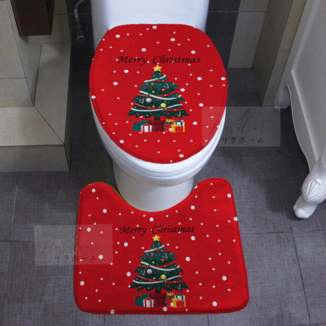 トイレ2点セット マット+洗浄便座用フタカバー ．クリスマス雑貨