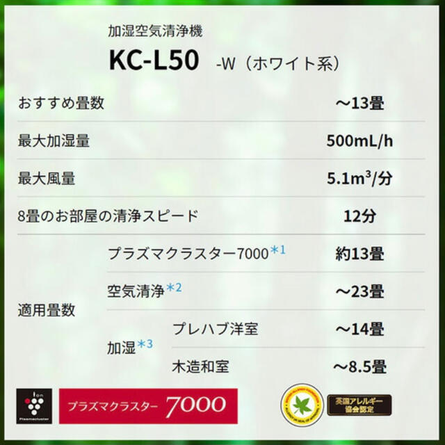 新品未開封　SHARP プラズマクラスター　加湿空気清浄機　KC-L50-W 2