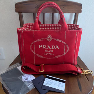 プラダ(PRADA)のPRADA プラダ　ギンガムチェック　RED カナパ(ハンドバッグ)