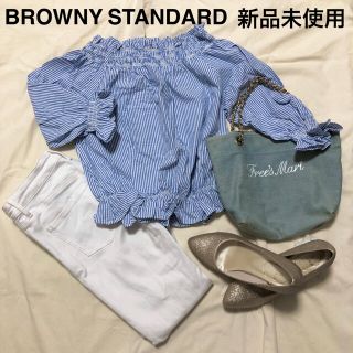 ザラ(ZARA)のBROWNY STANDARD オフショル　ブルー　ストライプ　トップス　未使用(シャツ/ブラウス(半袖/袖なし))