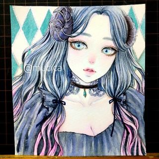 手描きイラスト 黒悪魔ちゃん オリジナル 水彩画 - 絵画/タペストリー