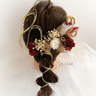 ヘッドドレス❤︎水引×レッドゴールド　結婚式/成人式/髪飾り/前撮り/和装(ヘッドドレス/ドレス)