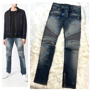 バルマン(BALMAIN)の本物 美品 バルマンオム ペイント加工 裾サイドZIP バイカー デニムパンツ (デニム/ジーンズ)