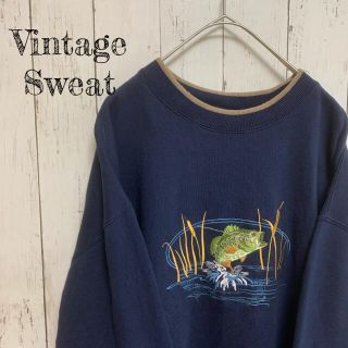 US 古着 アニマル柄 スウェット トレーナー 魚 刺繍 ビンテージ XL(スウェット)