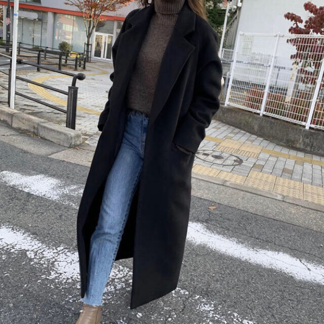 BLATE 上質・フェイクウール細見えダブルロングコート ブラック