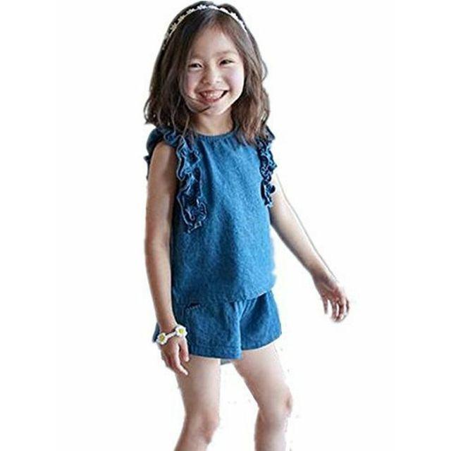 袖フリルが可愛い♡デニムセットアップ キッズ/ベビー/マタニティのキッズ服女の子用(90cm~)(Tシャツ/カットソー)の商品写真