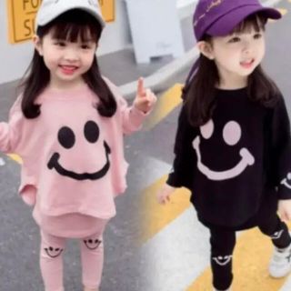 キッズニコちゃんセットアップ韓国子供服 スカッツスカートレギンス ピンク 黒(Tシャツ/カットソー)