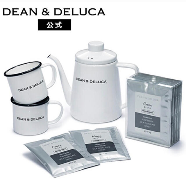 DEAN & DELUCA(ディーンアンドデルーカ)のDEAN&DELUCA ホーローケトル&マグカップセット　ドリップコーヒー付き　 インテリア/住まい/日用品のキッチン/食器(調理道具/製菓道具)の商品写真