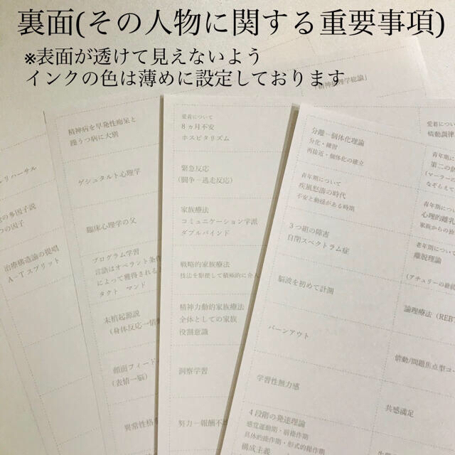 精神疾患まとめプリント、人物名と重要事項暗記カードセット エンタメ/ホビーの本(語学/参考書)の商品写真