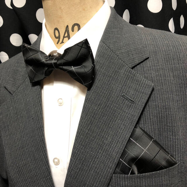 蝶ネクタイ ポケットチーフ２点セット/メンズ/ブラック&ホワイトチェック メンズのファッション小物(ネクタイ)の商品写真