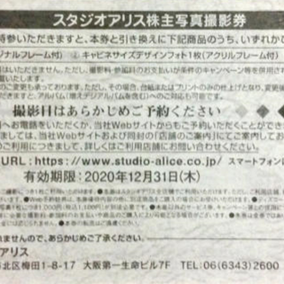 スタジオアリス　株主優待　株主写真撮影券　１枚　2020/12/31まで(その他)