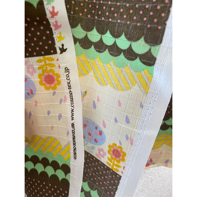 生地小鳥　花　雨　ピンク　水色　メルヘン  113×100  切売り ハンドメイドの素材/材料(生地/糸)の商品写真
