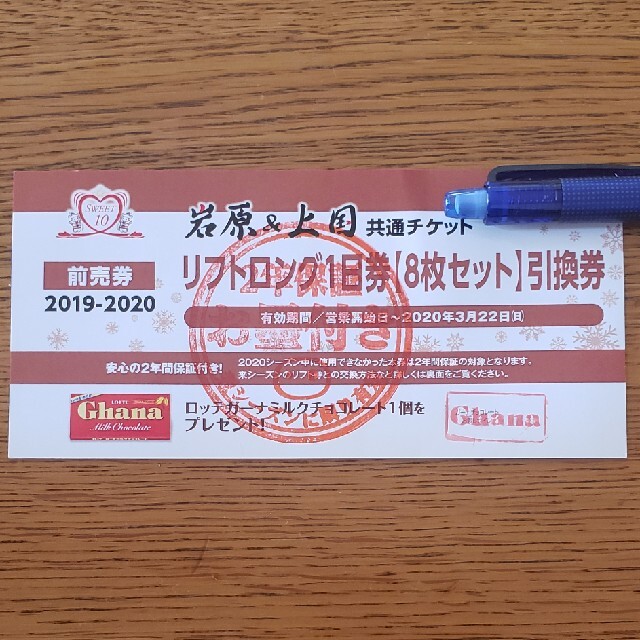 岩原スキー場　上越国際スキー場　共通チケット　ロング１日券(8枚セット)引換券スキー場