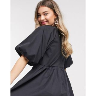 エイソス(asos)の【ASOS】コットン ポプリン スモック ブラック ミニ ワンピース(ミニワンピース)