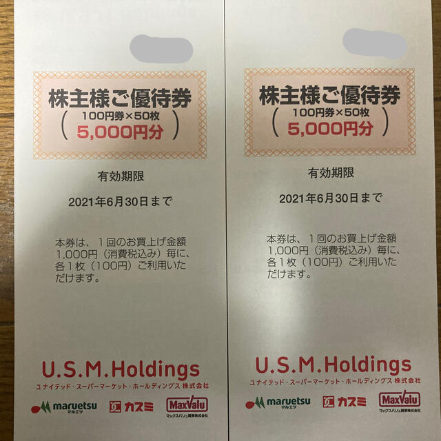 USMH 株主優待券 10000円分(100円券×50枚×2冊)　U.S.M.H