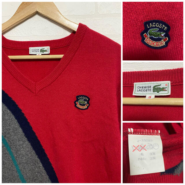 ラコステ　CHEMISE　Ｖネックニット・セーター　レッド　ワニロゴ刺繍　40