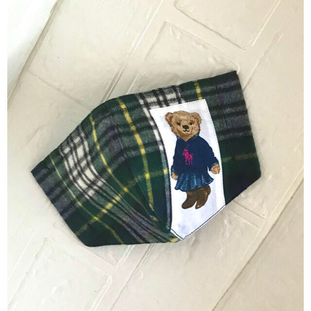 Ralph Lauren(ラルフローレン)の#️⃣159🧸オーダーOK🐻ラルフポロベアGirl緑黄ネル インナーマスク ハンドメイドのハンドメイド その他(その他)の商品写真