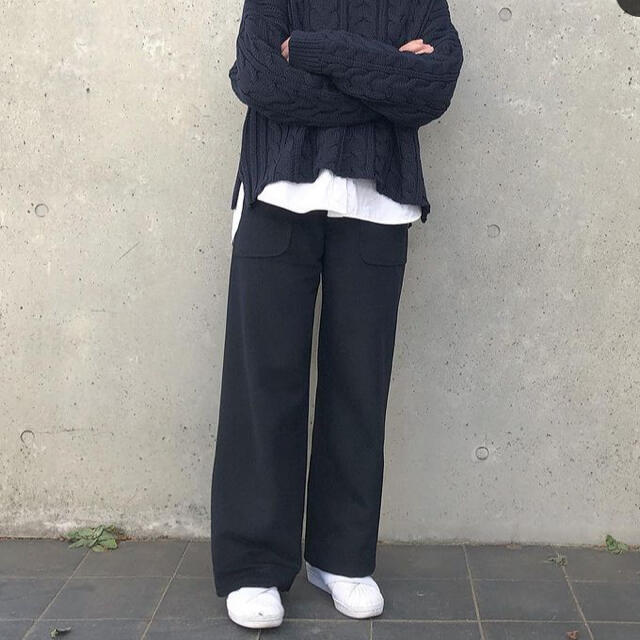 新品yonfa high waist wool wide pants navy