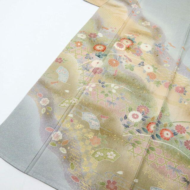 長尺金彩□霞に菊辻が花訪問着◇ブルーグレー叩染め◇袷正絹着物 長尺金彩□霞に菊辻が花訪問着◇ブルーグレー叩染め◇袷正絹着物