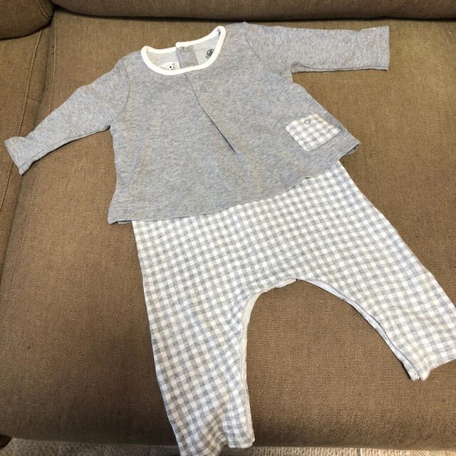 PETIT BATEAU(プチバトー)のプチバトー　6m67㎝　グレーチェックロンパース キッズ/ベビー/マタニティのベビー服(~85cm)(ロンパース)の商品写真