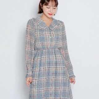 ホッピン(HOTPING)の【2XL】ラッフルカラーハーフボタンチェックワンピース ブルー(ひざ丈ワンピース)