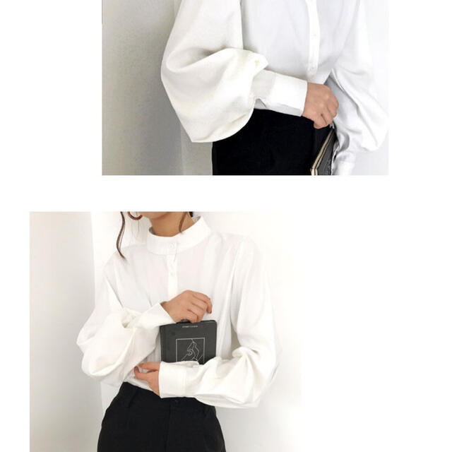 最終値下げ✨白シャツ 襟なし　スエード風　シャツ　ボリューム袖　袖コンシャス レディースのトップス(シャツ/ブラウス(長袖/七分))の商品写真