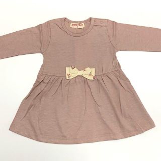 ・【新品】前リボンワンピース 95㎝ キッズ 長袖 女の子 子供 ピンク(ワンピース)