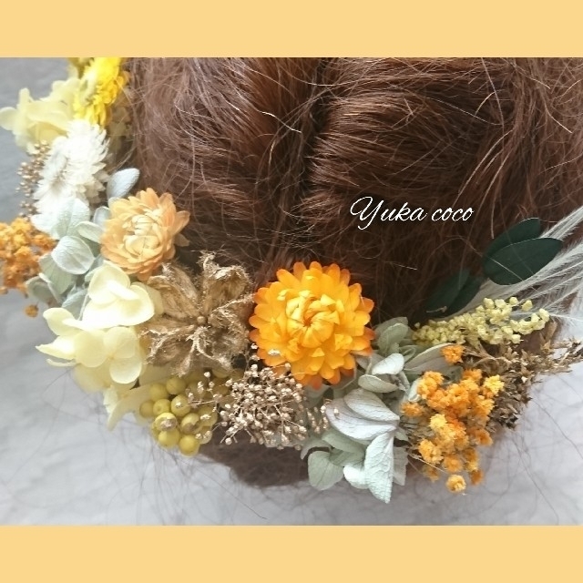 まる様専用 和装 ドライフラワー 髪飾り 黄色 橙 ❁.*･ﾟ ハンドメイドのアクセサリー(ヘアアクセサリー)の商品写真