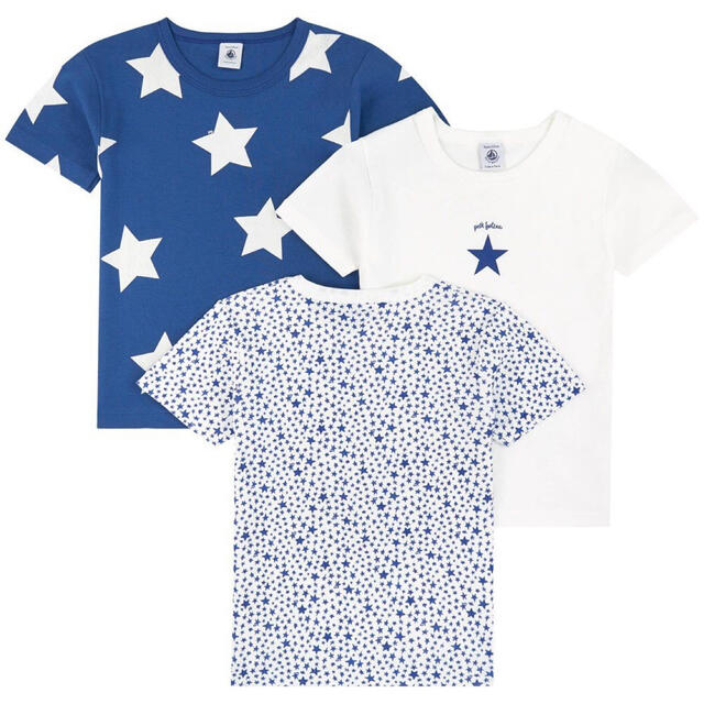 PETIT BATEAU(プチバトー)の新品  プチバトー  5ans  星プリント 半袖Ｔシャツ３枚組 キッズ/ベビー/マタニティのキッズ服男の子用(90cm~)(下着)の商品写真