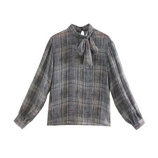 ザラ(ZARA)の❄️冬新作☃️3072◆チェック柄 リボンボウタイ ブラウス(シャツ/ブラウス(長袖/七分))