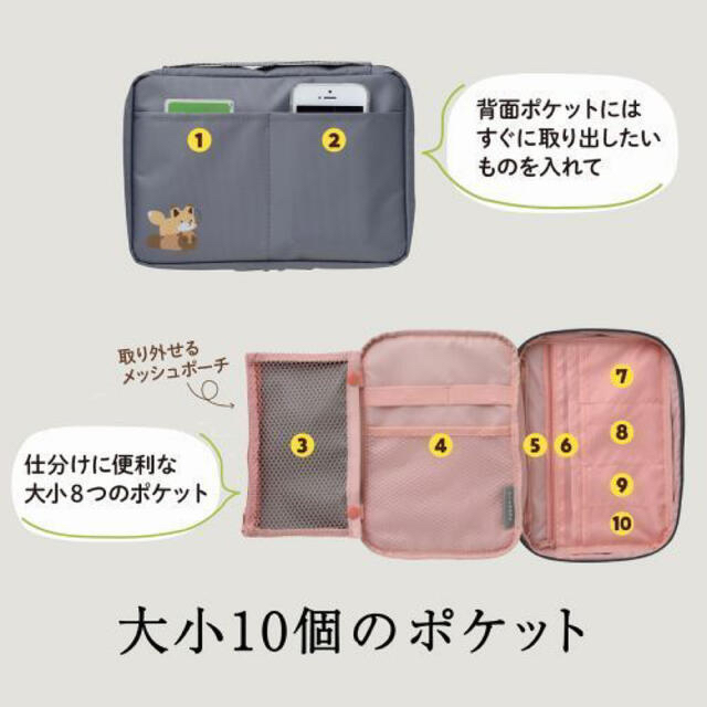 宝島社(タカラジマシャ)の【最終値下げ】タヌキとキツネ 10ポケット整理上手ポーチ エンタメ/ホビーのおもちゃ/ぬいぐるみ(キャラクターグッズ)の商品写真