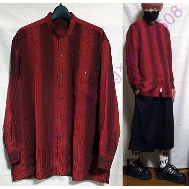 90's ヴィンテージ バンドカラー ストライプシャツ 赤 黒 L