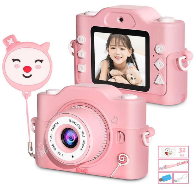 デジタルカメラ 子供　1080P 8倍拡大USB充電 32GSDカート付　ピンク