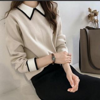 ザラ(ZARA)の【新品】襟つき   ニット シンプル(ベージュ×ブラック)　モノトーン　ブラウス(ニット/セーター)