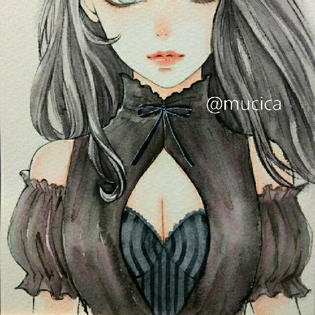 むぅしかオリジナルイラスト専用　手描きイラスト《Blackflower》《銀草》水彩画　美人画