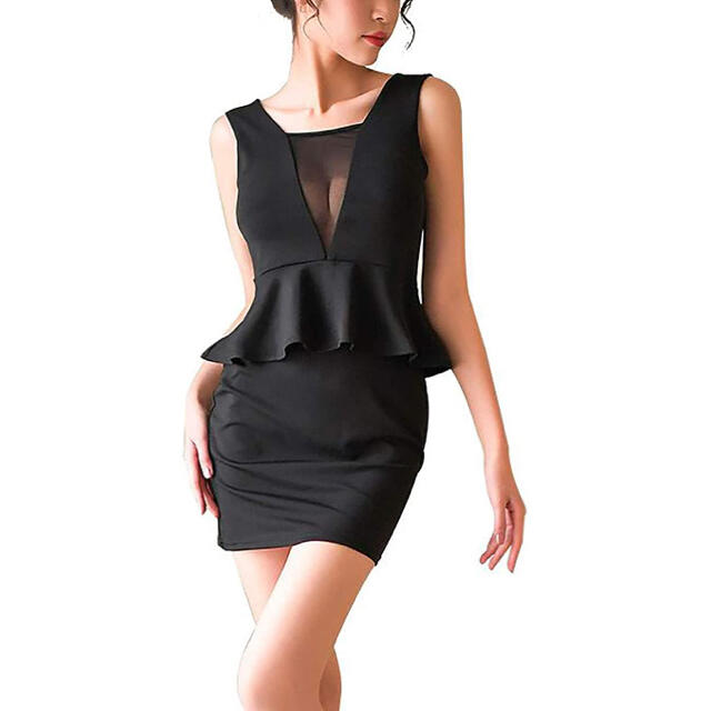 黒 胸元 シースルー セクシー タイト ぺプラム ミニ ドレス ワンピース  レディースのフォーマル/ドレス(ミニドレス)の商品写真