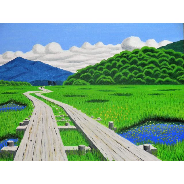 ショップレビュー ランキング ☆新緑の尾瀬・谷村一男作・肉筆油彩画・4つ切・新品額付 絵画/タペストリー