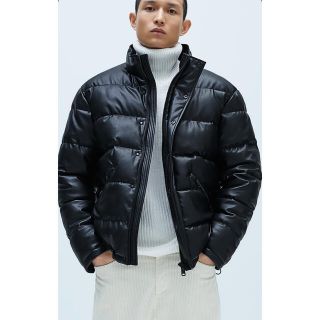 【希少 即完売】ZARA フェイクレザー パフジャケット エンボス総柄 ダウン