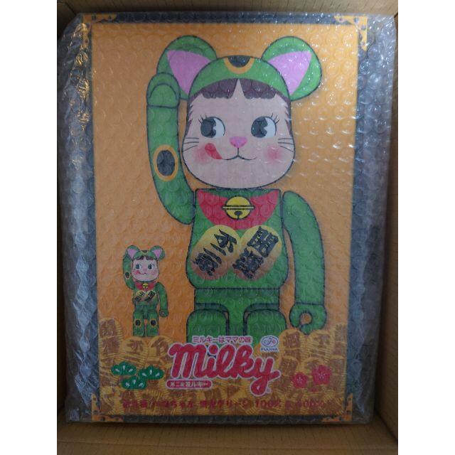 ■BE@RBRICK 招き猫 ペコちゃん 蛍光グリーン 100％ ＆ 400％MEDICOMTOYの