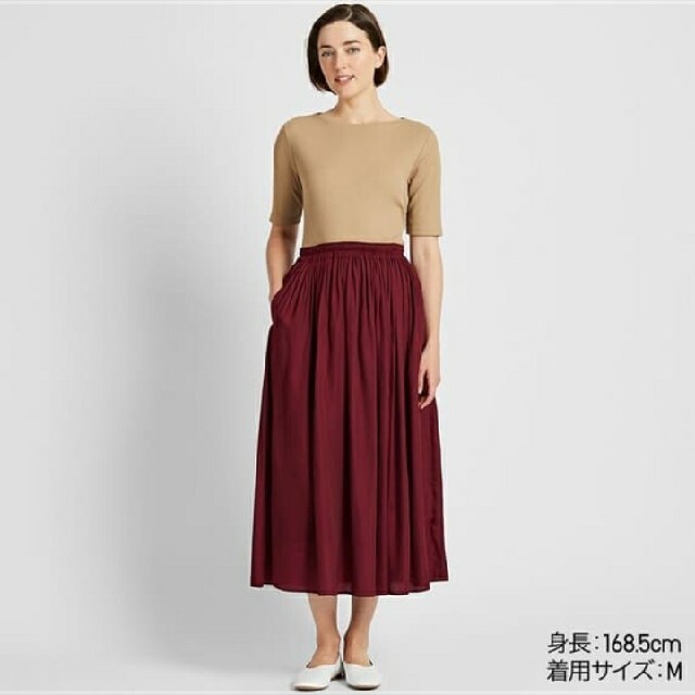 UNIQLO(ユニクロ)のつばさ様専用　ユニクロ☆ギャザーロングスカート　ワインレッド　ボルドー　S レディースのスカート(ロングスカート)の商品写真