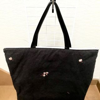 黒色刺繍リネンと合皮のスクエアファスナートートバッグ(バッグ)