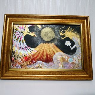 風水最強神絵画＊宝来赤富士～幸せ色の龍神鳳凰～金運  出世 子宝　愛情　夫婦仲(アート/写真)