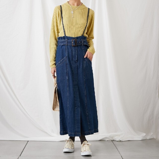 Discoat(ディスコート)のDiscoat　肩紐付きデニムナロースカート　インディゴブルーM レディースのスカート(ロングスカート)の商品写真