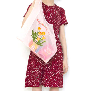 エコバック　オーガンジー　刺繍　バック　花柄　ピンク(ショルダーバッグ)