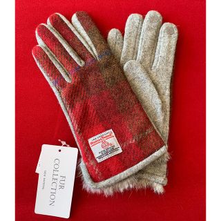 ハリスツイード(Harris Tweed)の手袋　ラビットファー　レッド　スマホ対応　タッチパネル　Harris Tweed(手袋)