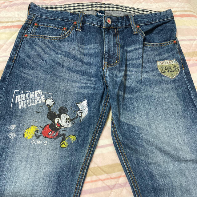 Disney(ディズニー)のミッキープリント裾ギンガムチェックデニム レディースのパンツ(デニム/ジーンズ)の商品写真