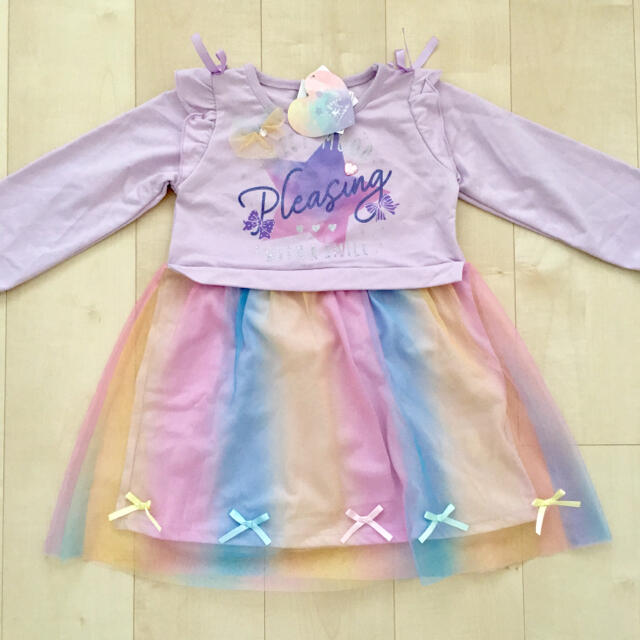 新品 チュール Aライン ワンピース 星 紫 キッズ/ベビー/マタニティのキッズ服女の子用(90cm~)(ワンピース)の商品写真