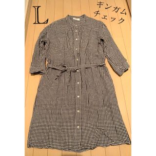 ユニクロ(UNIQLO)のUNIQLO リネンブレンド ノーカラー シャツワンピース　ギンガムチェック(ロングワンピース/マキシワンピース)