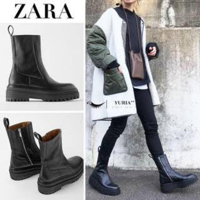 ZARA♡トラックソール レザー アンクルフラットブーツ | フリマアプリ ラクマ