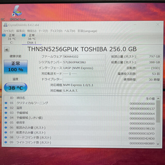 Toshiba SSD XG4 M.2 NVME 256GB使用時間30h 2